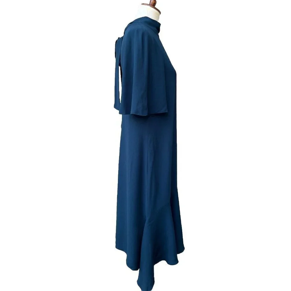 Lewit Women Green Scarab Mock Neck Back Tie Elbow Sleeve Rippling Dress Size 10 - Picture 4 of 16